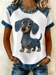 T-shirt décontracté en denim à patchwork et imprimé chien pour femme