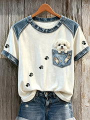 T-shirts pour femmes en patchwork de denim, avec fausse poche et imprimé empreintes de patte, doublure polaire motif Bichon Frisé