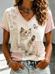 T-shirt à col en V imprimé chat mignon pour femmes