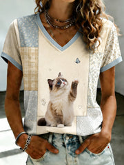T-shirt femme mignon à col en V et imprimé chat