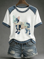 Floral Plaid Denim Dog Art Waffle Imprimer T-shirt décontracté des femmes