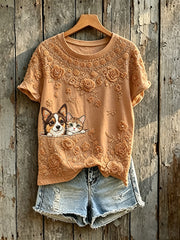 Mignon Chien & Chat Peeking Art Floral Imprimer T-shirt à manches courtes pour femmes