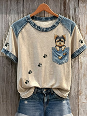 T-shirt pour femme en patchwork denim à motifs de Yorkshire terrier, fausses poches et empreintes de pattes