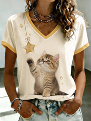 T-shirt femme mignon à col en V et imprimé chat