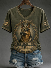 T-shirt décontracté à col en V pour femmes, imprimé chien rétro