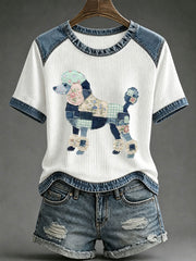 T-shirt décontracté pour femme à l’imprimé fleuri, pied-de-poule, denim et gaufres avec motif canin