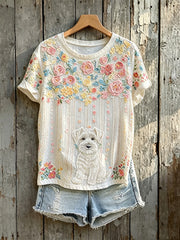 T-shirt à manches courtes imprimé chien mignon art floral coloré pour femmes