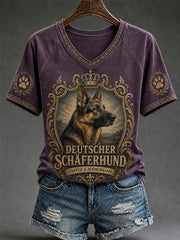 T-shirt décontracté à col en V pour femmes, imprimé chien rétro