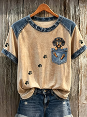T-shirts pour femme en patchwork de denim, motifs faux poche et empreintes de patte de teckel