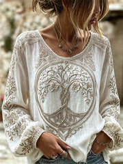 Chemise en coton et lin à imprimé noeud celtique Viking Tree of Life pour femme