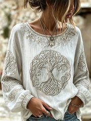 Chemise femme élégante en coton-lin, imprimée de fleurs vikings, arbre de vie et nœud celtique