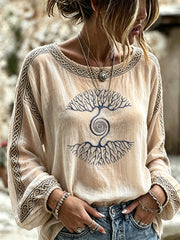 T-shirt femme à manches longues en coton et lin élégant imprimé Viking Tree of Life couleur café