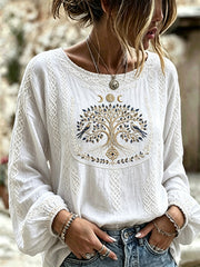 T-shirt Femme Blanc Viking Arbre de Vie Décontracté Manches Longues En Coton Et Lin