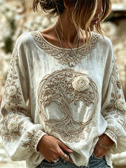 Chemise Femme Classique Viking Arbre de Vie Roses Blanches Noeud Celtique Imprimé Coton-Lin