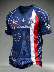 T-shirt à col en V pour hommes, motif imprimé aux motifs de football et combinaison de couleurs tendance