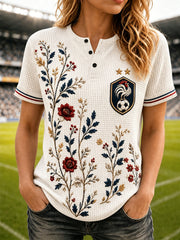 T-shirt à manches courtes pour femme en tissu gauffré floral, inspiré de France Football