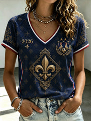 T-shirt femme de football français à col en V et épaules dénudées, manches courtes