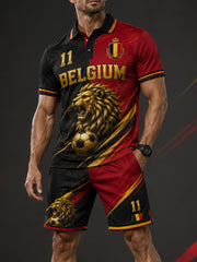 Ensemble de polo à manches courtes pour homme, orné d’un imprimé sur le thème du lion et du football