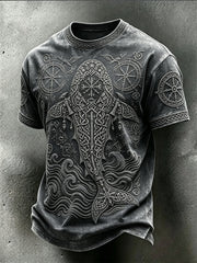 Retro Viking Ocean Animal Pattern Imprimé T-shirt délavé pour hommes