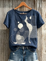 Tee-shirt Femme Chat Japonais Sashiko Imprimé Art en lin à manches courtes