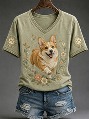T-shirt décontracté à col en V pour femme, imprimé chien rétro