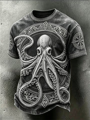 T-shirt rétro pour homme, motif viking et animaux marins, effet délavé imprimé