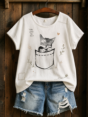 T-shirt à manches courtes en lin design élégant pour femme Cat Lover