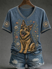 T-shirt décontracté à col en V pour femme, imprimé chien rétro