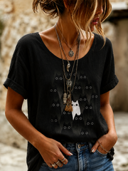 T-shirt femme à manches courtes en lin au design élégant pour les amoureux des chats