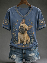 T-shirt décontracté à col en V pour femme, imprimé chien rétro