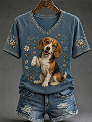 T-shirt décontracté à col en V pour femme, imprimé chien rétro