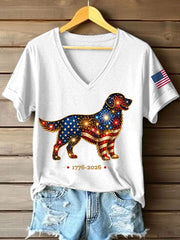 T-shirt décontracté à col en V pour femmes, motif feux d’artifice et chiens, cadeau idéal pour les amoureux des chiens