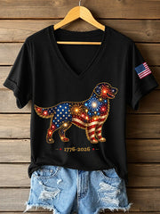 T-shirt décontracté à col en V pour femmes, motif feux d’artifice et chiens, cadeau idéal pour les amoureux des chiens
