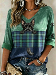 Scottish Terrier Scotland Plaid Colorblock Imprimer T-shirt manches mi-longues col en V des femmes
