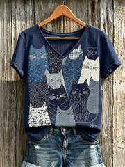 T-shirt femme à manches courtes en lin, imprimé artistique japonais sashiko, patchwork de chats