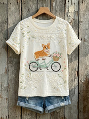 Lovely Floral Corgi Art Print T-shirt à manches courtes pour femmes
