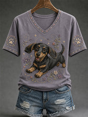 T-shirt décontracté à col en V pour femme, imprimé chien rétro