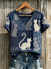 Tee-shirt Femme Chats Japonais Sashiko Imprimé Art en lin manches courtes