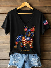 T-shirt décontracté à col en V pour femmes, motif feux d’artifice et chiens, cadeau idéal pour les amoureux des chiens
