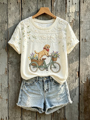 T-shirt à manches courtes à imprimé floral mignon pour femmes Golden Retriever