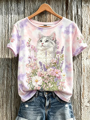 T-shirt décontracté à manches courtes pour femme, imprimé d’un mignon motif de chat et de fleurs