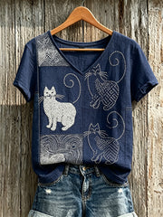 T-shirt femme à manches courtes en lin, motif sashiko japonais pour chats, imprimé artistique