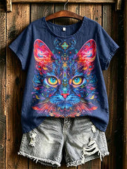 T-shirt imprimé de chat de ciel étoilé de la mode des femmes