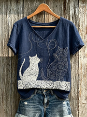 T-shirt femme à manches courtes en lin, motif sashiko japonais pour chats, imprimé artistique