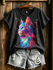 T-shirt à imprimé chat rayé coloré de la mode des femmes