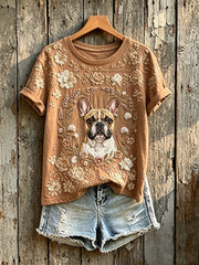 Lovely Floral French Bulldog Imprimer T-shirt à manches courtes pour femmes