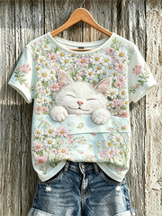 T-shirt décontracté à manches courtes pour femme, imprimé d’un mignon motif de chat et de fleurs
