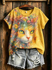 T-shirt imprimé motif de chat romantique pour femmes