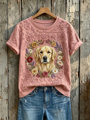 T-shirt à manches courtes à imprimé floral Golden Retriever pour femme