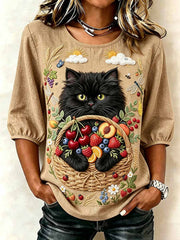 T-shirt romantique pour femme à imprimé motif chat